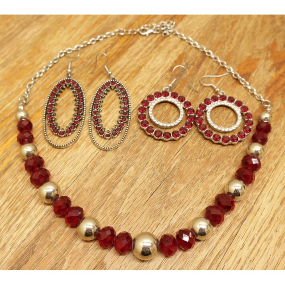 Red Rhinestone Jewelry Lot 3 Pc Ruby Crystal Bead Necklace Dangle Earrings Set